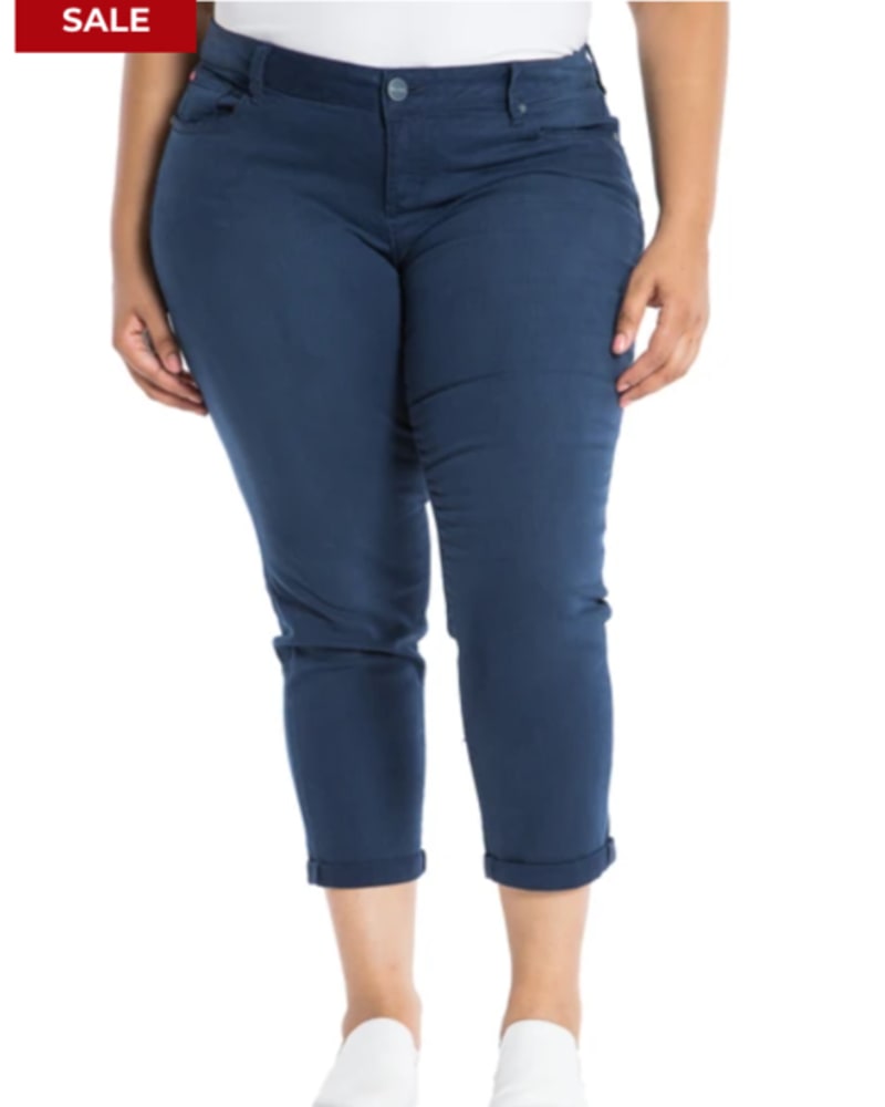 Front of a model wearing a size 14 Clara Mid-Rise Boyfriend Jean in BLUENIGHT by Slink Jeans. | dia_product_style_image_id:255881